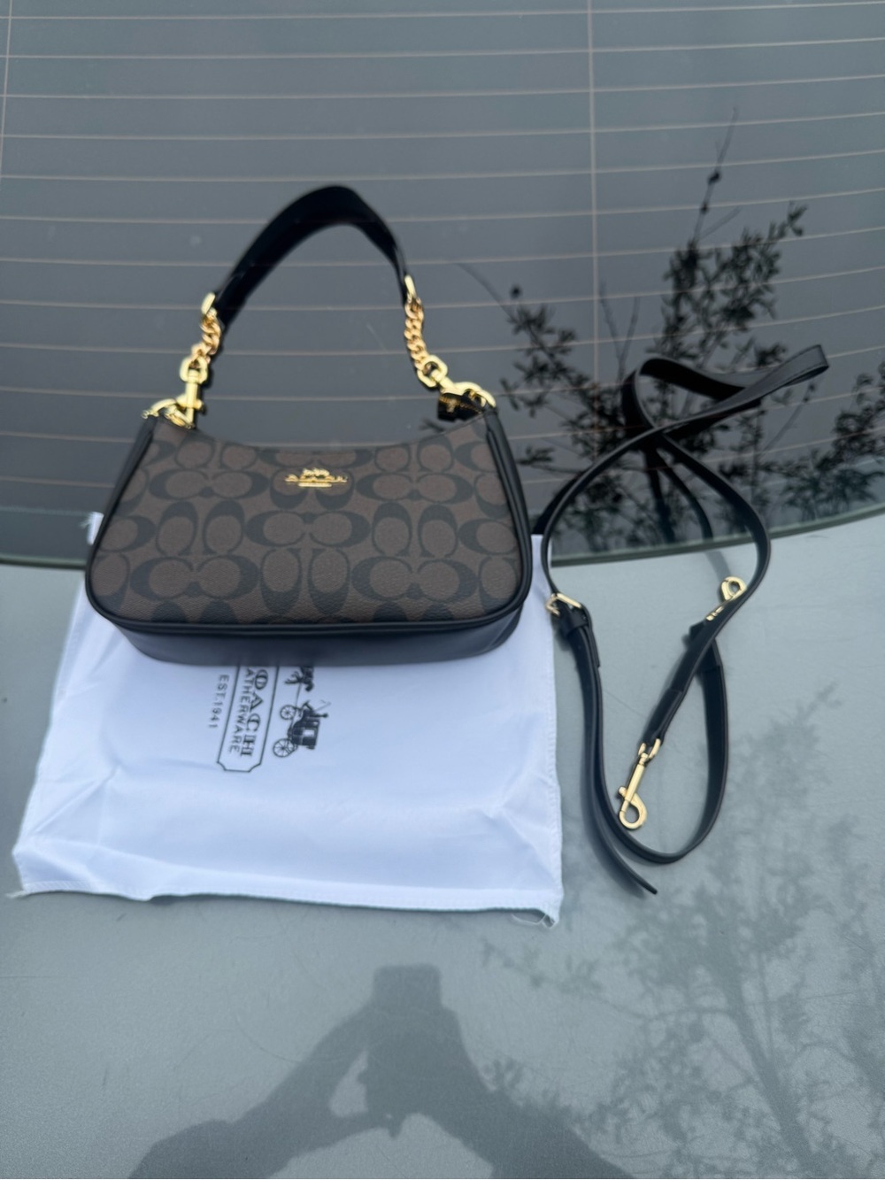 Coach Brown Signature Canvas Shoulder Bag with Black Trim and Gold Hardware